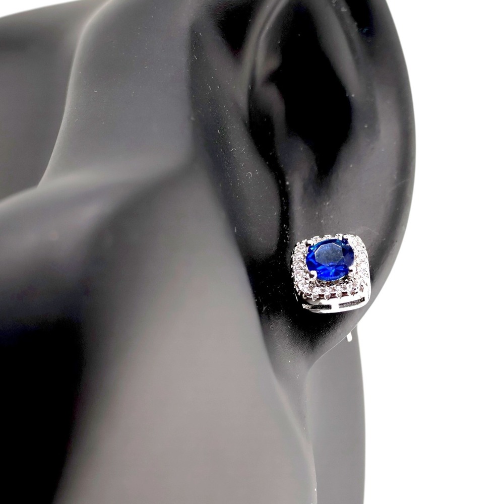 Swarovski Elements Blue Crystal Cushion Pavé Halo Stud Earrings Silver Tone New